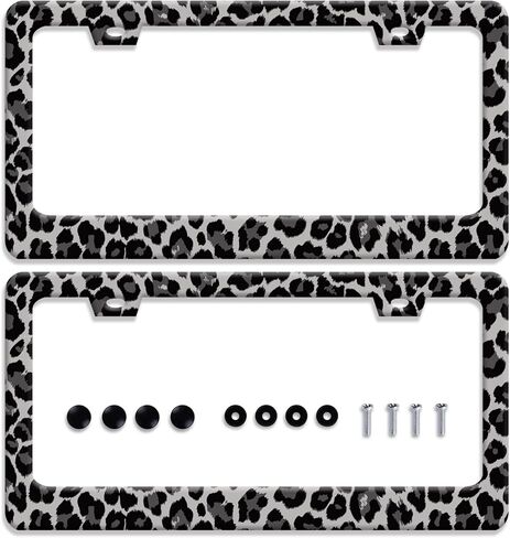 【2pcs】 Black Gray Leopard Print License Plate Frame Beautiful Cheetah Print License Plate Holder Funny Stainless Steel Accessories Cars Decor with 2 Holes Fits Standard Us Ca Vehicles 12.2 X 6 Inch in Saudi Arabia