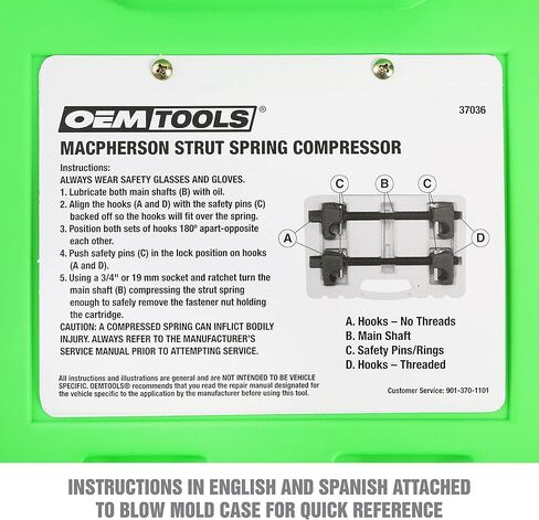 OEMTOOLS 25553 MacPherson Strut Spring Compressor, Heat-Treated Thread Rod Strut Compressors, Coil Spring Compressor w/ Forged Hooks, 9" Threaded Length , Black in Kuwait