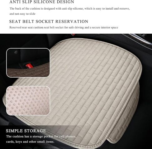 Front Car Seat Cover, Anti-Slip Driver Seat Cushion Protector with Storage Pocket, Cooling Breathable Linen Bottom Pad for Most Vehicle Front Seats, Car Accessories (Front Black) in Saudi Arabia