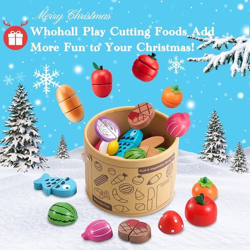 WHOHOLL Play Food Set للعب ملحقات المطبخ، ألعاب موراندي الخشبية الملونة، الطعام التظاهري بقطع الطعام مع سلة، ألعاب مونتيسوري للفتيات من عمر سنة فما فوق، موارد تعليمية لحماية العين in Kuwait