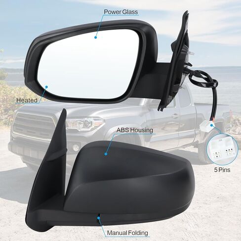 Left Driver side Mirror Fits 2016-2022 Toyota Tacoma With Power Glass, Heated, Turn Signal, Blind Spot Detection and Manual Folding Match to Midnight Black Metallic Replace TO1321350(8Pins) in Saudi Arabia
