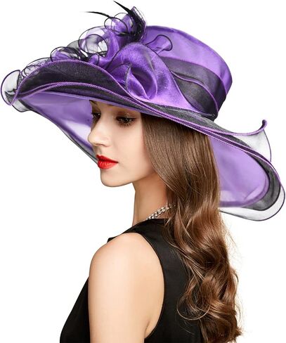 قبعة نسائية من أورجانزا ديربي لحفلات الشاي وحفلات الزفاف ومضادة للشمس ذات حافة واسعة in Kuwait