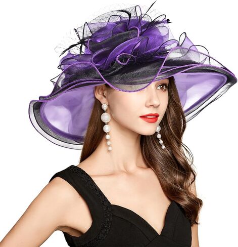 قبعة نسائية من أورجانزا ديربي لحفلات الشاي وحفلات الزفاف ومضادة للشمس ذات حافة واسعة in Kuwait