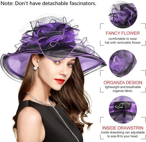 قبعة نسائية من أورجانزا ديربي لحفلات الشاي وحفلات الزفاف ومضادة للشمس ذات حافة واسعة in Kuwait