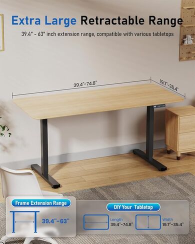 إطار مكتب كهربائي قائم بمحرك مزدوج بسعة 264 رطلًا، أرجل مكتب قابلة للتعديل للارتفاع لسطح المكتب من 39.4 بوصة إلى 74.8 بوصة، وظيفة مضادة للتصادم، صينية كابل، خطافين، إطار أسود فقط in Kuwait