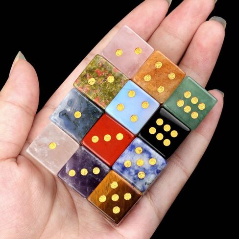 12PCS a Set Natural Crystal Gemstone Dice Set, Multi-Color Semi-Precious Stone Gaming Dice with Gold Pips Home Decor in Saudi Arabia
