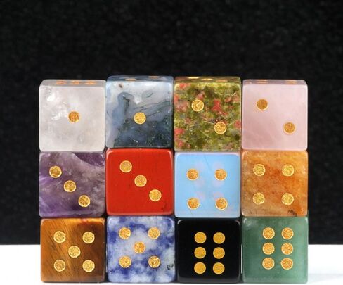 12PCS a Set Natural Crystal Gemstone Dice Set, Multi-Color Semi-Precious Stone Gaming Dice with Gold Pips Home Decor in Saudi Arabia