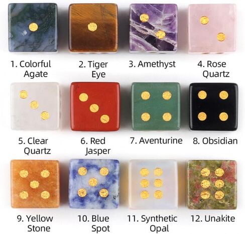 12PCS a Set Natural Crystal Gemstone Dice Set, Multi-Color Semi-Precious Stone Gaming Dice with Gold Pips Home Decor in Saudi Arabia