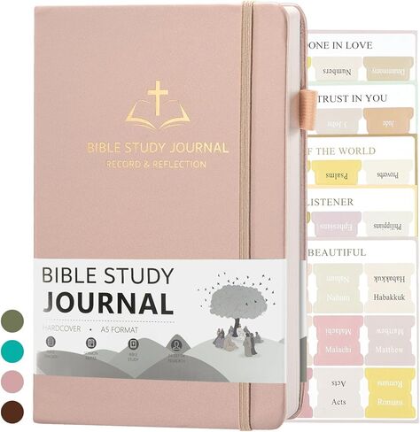 مجلة دراسة الكتاب المقدس المسيحية اليومية للنساء والرجال، 8.27 × 5.83 بوصة دفتر صلاة بغلاف مقوى A5 للكنيسة والمواعظ والملاحظات التعبدية، غطاء من جلد البولي يوريثان مع شريط مطاطي وحلقة قلم. (ذهبي وردي) in Kuwait