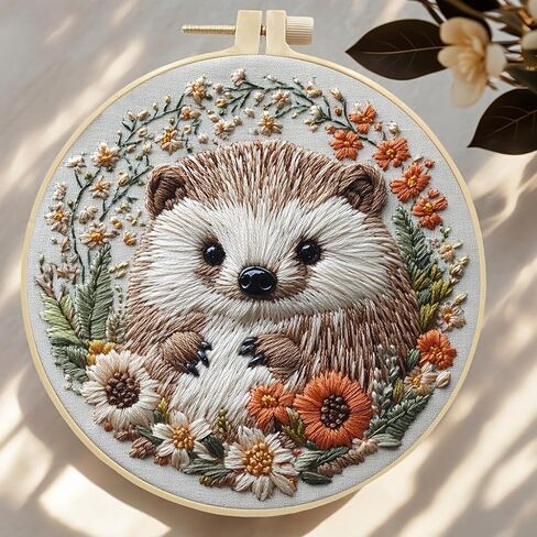 Embroidery Kit for Beginners, Cute Hedgehog Stamped Embroidery Patterns Kits for Adults with Hoop, Easy to Follow Sewing Thread Needlework-Hedgehog A in Saudi Arabia