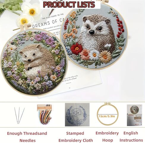 Embroidery Kit for Beginners, Cute Hedgehog Stamped Embroidery Patterns Kits for Adults with Hoop, Easy to Follow Sewing Thread Needlework-Hedgehog A in Saudi Arabia