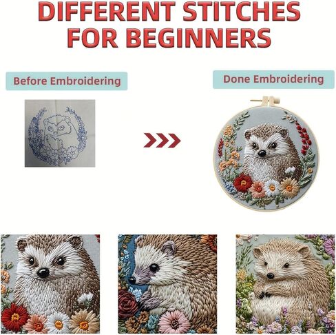 Embroidery Kit for Beginners, Cute Hedgehog Stamped Embroidery Patterns Kits for Adults with Hoop, Easy to Follow Sewing Thread Needlework-Hedgehog A in Saudi Arabia