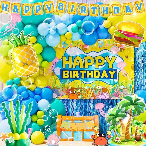 Sponge Birthday Decorations Kit - 153Pcs Under the Sea Party Supplies with Balloon Arch, Backdrop & Video Guide - All-in-One Vibrant Decor for Kids & Teens Birthday, Easy No-Stress Setup in Saudi Arabia