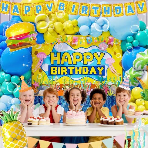 Sponge Birthday Decorations Kit - 153Pcs Under the Sea Party Supplies with Balloon Arch, Backdrop & Video Guide - All-in-One Vibrant Decor for Kids & Teens Birthday, Easy No-Stress Setup in Saudi Arabia