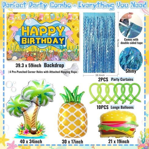 Sponge Birthday Decorations Kit - 153Pcs Under the Sea Party Supplies with Balloon Arch, Backdrop & Video Guide - All-in-One Vibrant Decor for Kids & Teens Birthday, Easy No-Stress Setup in Saudi Arabia