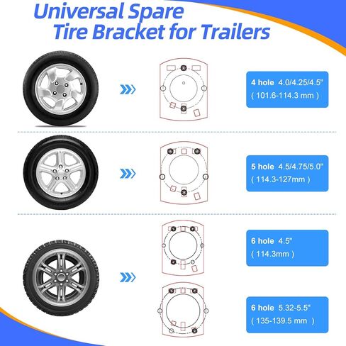 Qualward Spare Tire Mount Bracket for Trailer, Spare Tire Carrier Powder Coat Steel Black, Fits Most 4 & 5 & 6 Lugs Wheels on 4", 4.5'', 4.75'', 5" or 5.5" Bolt Patterns in Kuwait