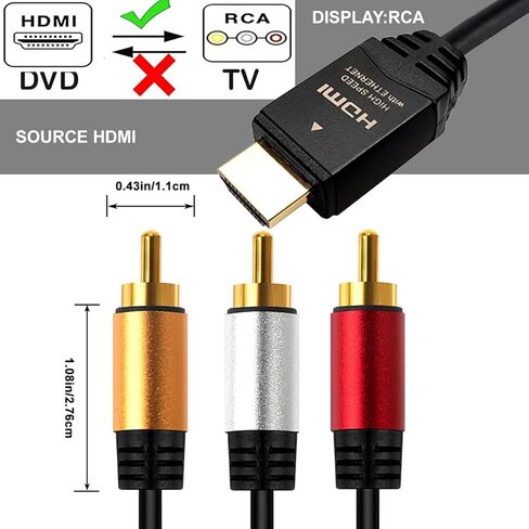 HDMI to RCA 6FT Cable with IC, HDMI Male to 3-RCA BK AV Cable Video Audio Component Converter Adapter 1080P Cable for TV HDTV DVD in Saudi Arabia