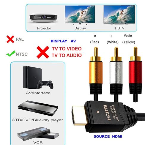 HDMI to RCA 6FT Cable with IC, HDMI Male to 3-RCA BK AV Cable Video Audio Component Converter Adapter 1080P Cable for TV HDTV DVD in Saudi Arabia