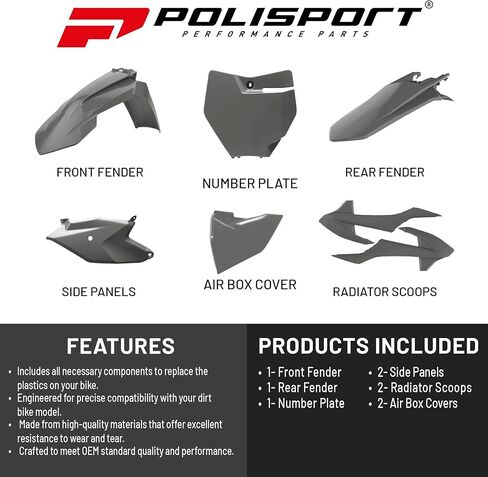 Polisport Motocross (MX) طقم بلاستيكي طبق الأصل لـ KTM SX85 (2016-2024) - جودة OEM، متينة ومرنة ومثالية - رمادي ناردو in Kuwait