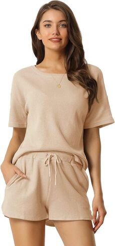 Womens Lounge Sets with Pockets Waffle Outfits T-shirt and Shorts Loungewear Sweatsuits in Kuwait