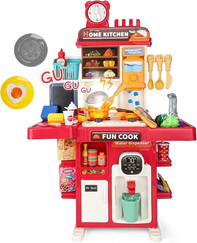 ترقية مجموعة ألعاب المطبخ للأطفال الصغار، مجموعة ألعاب مطبخ صغيرة مع حوض رش وإضاءة واقعية، ألعاب طبخ تظاهرية لهدايا الأولاد والبنات من سن 3 و4 و5 سنوات (أحمر) in Kuwait