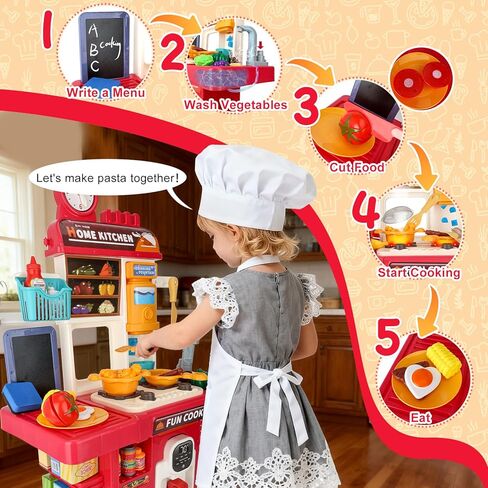 ترقية مجموعة ألعاب المطبخ للأطفال الصغار، مجموعة ألعاب مطبخ صغيرة مع حوض رش وإضاءة واقعية، ألعاب طبخ تظاهرية لهدايا الأولاد والبنات من سن 3 و4 و5 سنوات (أحمر) in Kuwait