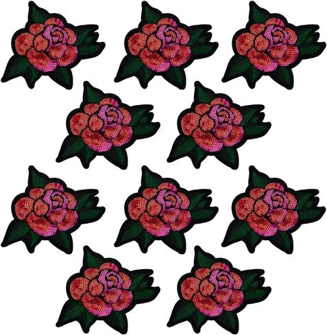 FINGERINSPIRE 10Pcs Sequin Rose with Leaf Patch 4.17x4.13inch Red and Pink Sequin Rose Iron On Appliques Flower Embroidered Sew On Patch Vintage Embroidered Patches for Clothing Jackets Hats in Saudi Arabia