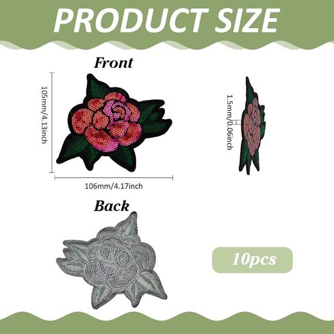 FINGERINSPIRE 10Pcs Sequin Rose with Leaf Patch 4.17x4.13inch Red and Pink Sequin Rose Iron On Appliques Flower Embroidered Sew On Patch Vintage Embroidered Patches for Clothing Jackets Hats in Saudi Arabia