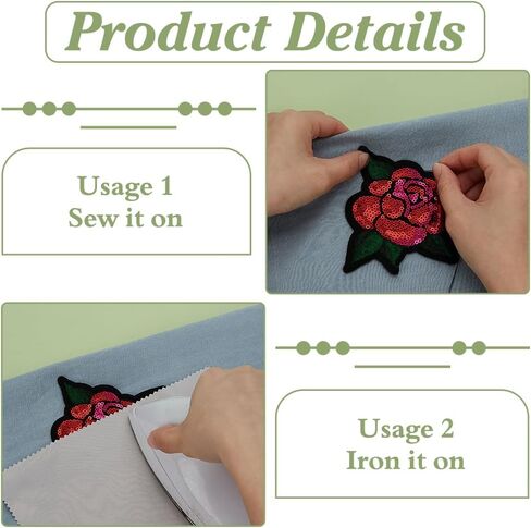 FINGERINSPIRE 10Pcs Sequin Rose with Leaf Patch 4.17x4.13inch Red and Pink Sequin Rose Iron On Appliques Flower Embroidered Sew On Patch Vintage Embroidered Patches for Clothing Jackets Hats in Saudi Arabia