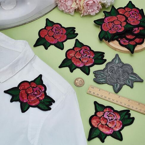 FINGERINSPIRE 10Pcs Sequin Rose with Leaf Patch 4.17x4.13inch Red and Pink Sequin Rose Iron On Appliques Flower Embroidered Sew On Patch Vintage Embroidered Patches for Clothing Jackets Hats in Saudi Arabia