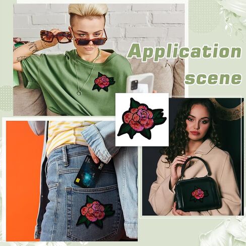 FINGERINSPIRE 10Pcs Sequin Rose with Leaf Patch 4.17x4.13inch Red and Pink Sequin Rose Iron On Appliques Flower Embroidered Sew On Patch Vintage Embroidered Patches for Clothing Jackets Hats in Saudi Arabia