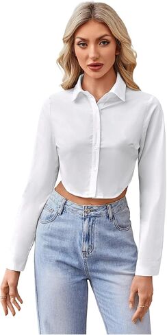 Floerns Women's Casual Button Down Long Sleeve Curved Hem Blouse Crop Tops in Saudi Arabia