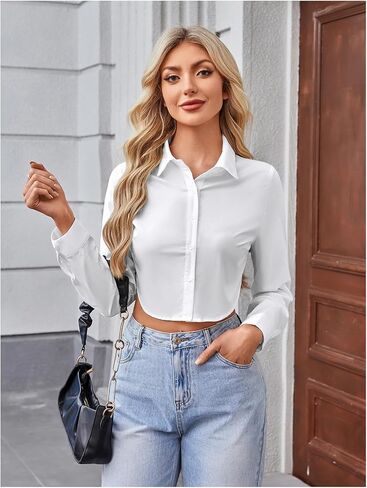 Floerns Women's Casual Button Down Long Sleeve Curved Hem Blouse Crop Tops in Saudi Arabia