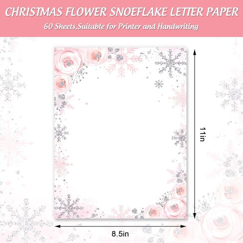 Whaline 60 Sheets Winter Stationery Letterhead Paper Single-Sided Print Christmas Pink Floral Snowflake Letter Writing Paper for Notes Greeting Cards Invitation Office Printing, 8.5 x 11 Inch in Saudi Arabia