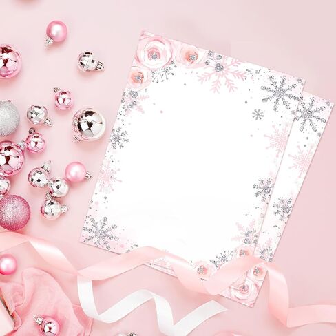 Whaline 60 Sheets Winter Stationery Letterhead Paper Single-Sided Print Christmas Pink Floral Snowflake Letter Writing Paper for Notes Greeting Cards Invitation Office Printing, 8.5 x 11 Inch in Saudi Arabia