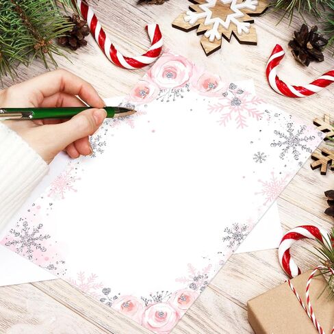 Whaline 60 Sheets Winter Stationery Letterhead Paper Single-Sided Print Christmas Pink Floral Snowflake Letter Writing Paper for Notes Greeting Cards Invitation Office Printing, 8.5 x 11 Inch in Saudi Arabia