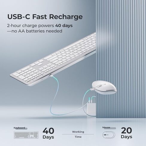 لوحة مفاتيح وماوس لاسلكية من iClever، لوحة مفاتيح كاملة الحجم GK08 ​​مع لوحة أرقام، مجموعة لوحة مفاتيح وماوس قابلة لإعادة الشحن، صامت، اتصال 2.4G لوحة مفاتيح وماوس نحيف لنظام التشغيل Windows Mac OS، أسود in Kuwait