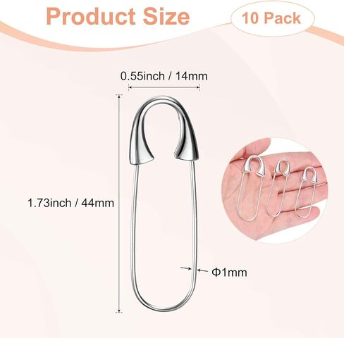 10-Pack Large Safety Pin, 1.73 in(44mm) Zinc Alloy Heavy Brooch Pin for Sewing Clothes/Costume/Skirts Garments/Craft Supplies, Decorative Safety Pins [Silver Tone] in Saudi Arabia