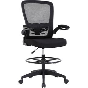 Drafting Chair Tall Office Chair Adjustable Height with Lumbar Support Flip Up Arms Footrest Mid Back Task Mesh Desk Chair Computer Chair Drafting Stool for Standing Desk, Black in Kuwait