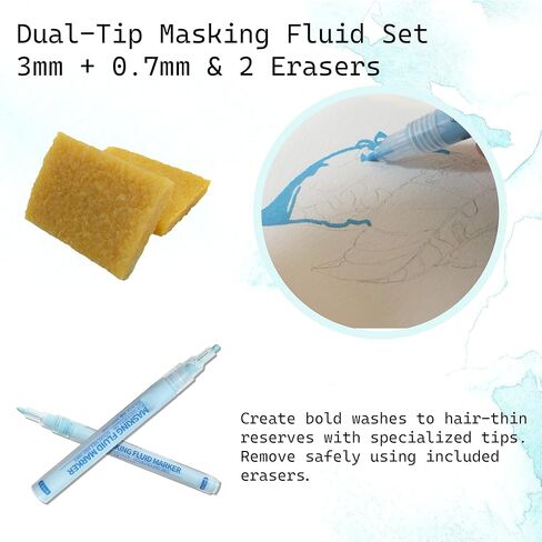 2 Pack Masking Fluid Pens for Watercolor Painting, 3mm 10ml Capacity & 0.7mm 3ml Applicator Tip with 2 Erasers - Blue Liquid Masking for Various Art Projects Watercolor Ink in Saudi Arabia