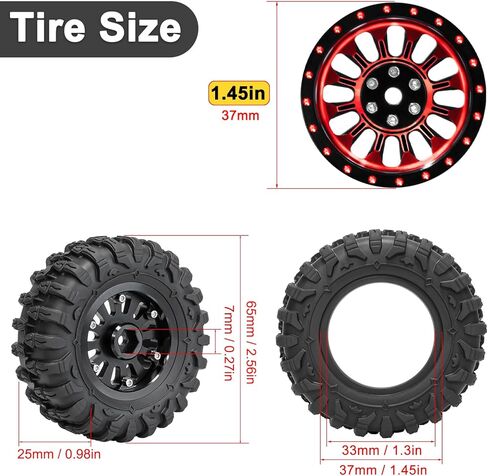 1.3" Beadlock Wheel Tires Aluminum 1.3 Beadlock Wheels and Tires Upgraded 1.45-inch Wheel for 1/24 SCX24 1/18 TRX4M RC Crawler Car Upgrade (4PCS, Red) in Saudi Arabia