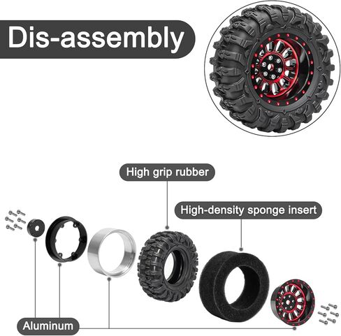 1.3" Beadlock Wheel Tires Aluminum 1.3 Beadlock Wheels and Tires Upgraded 1.45-inch Wheel for 1/24 SCX24 1/18 TRX4M RC Crawler Car Upgrade (4PCS, Red) in Saudi Arabia