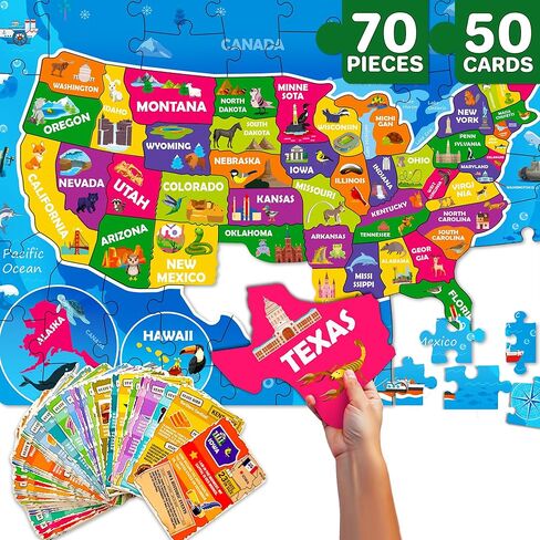 QUOKKA United States Puzzles for Kids Ages 4-6 - 70 Pcs Floor Puzzles for Kids Ages 6-8 Preschool Activities - Includes 50 Cards with 400+ USA Facts- State-Shaped Jigsaw Puzzle Gift for Girls Boys in Saudi Arabia