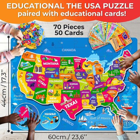 QUOKKA United States Puzzles for Kids Ages 4-6 - 70 Pcs Floor Puzzles for Kids Ages 6-8 Preschool Activities - Includes 50 Cards with 400+ USA Facts- State-Shaped Jigsaw Puzzle Gift for Girls Boys in Saudi Arabia