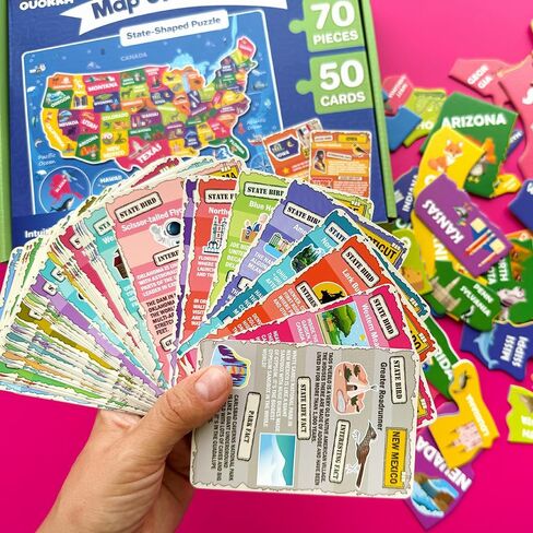 QUOKKA United States Puzzles for Kids Ages 4-6 - 70 Pcs Floor Puzzles for Kids Ages 6-8 Preschool Activities - Includes 50 Cards with 400+ USA Facts- State-Shaped Jigsaw Puzzle Gift for Girls Boys in Saudi Arabia