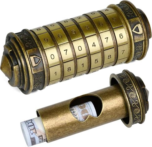 wellsee Da Vinci Code Mini Numbers Cryptex Brainteaser Puzzle Box، صندوق نقود معدني بقفل كلمة مرور مع حجرة مخفية للنقود، لعبة التحدي للأعمار من 12 عامًا فما فوق، هدايا عيد الميلاد الفريدة لها وله، برونزية in Kuwait