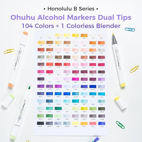 Ohuhu Alcohol Markers Brush Tip- 104-color Double Tipped Alcohol Based Art Marker Set for Artists Adults Coloring Illustration- Honolulu B of Ohuhu Markers- Dual Tip Brush & Fine- Refillable in Saudi Arabia