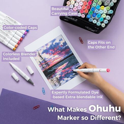 Ohuhu Alcohol Markers Brush Tip- 104-color Double Tipped Alcohol Based Art Marker Set for Artists Adults Coloring Illustration- Honolulu B of Ohuhu Markers- Dual Tip Brush & Fine- Refillable in Saudi Arabia