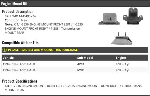 طقم حامل المحرك وناقل الحركة - 3 قطع - متوافق مع 1994 - 1996 Ford F-150 4WD, 2WD 4.9L 6-Cylinder in Kuwait