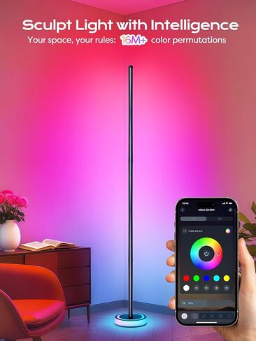 Smart Corner Floor Lamp, RGBICW LED Standing Lamp with App Control, 16 Million Colors with Music Sync, Dimmable Ambient Light for Bedroom, Living Room, Home Decor (Black) in Saudi Arabia